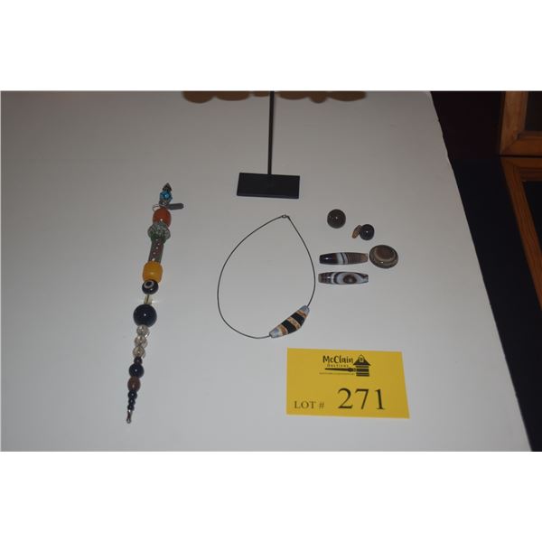 COLLECTION OF CHINESE "DZI" AGATE BEADS, NECKLACE & WAND (9 PCS)