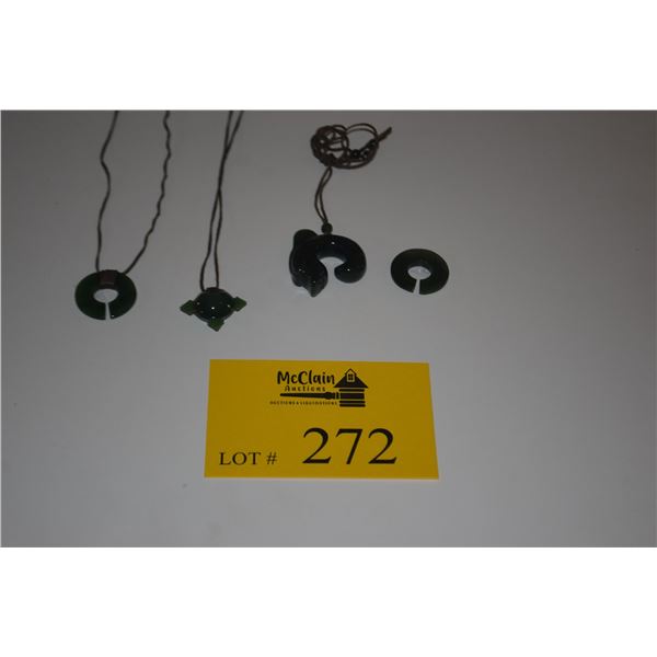 COLLECTION OF GREEN NEPHRITE JADE PENDANTS ON CORDS (4 PCS)