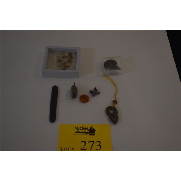 MIXED LOT: CHINESE COLLECTIBLES: FOSSIL, ARCHAIC SHAPES, PI & PENDANTS (9 PCS)
