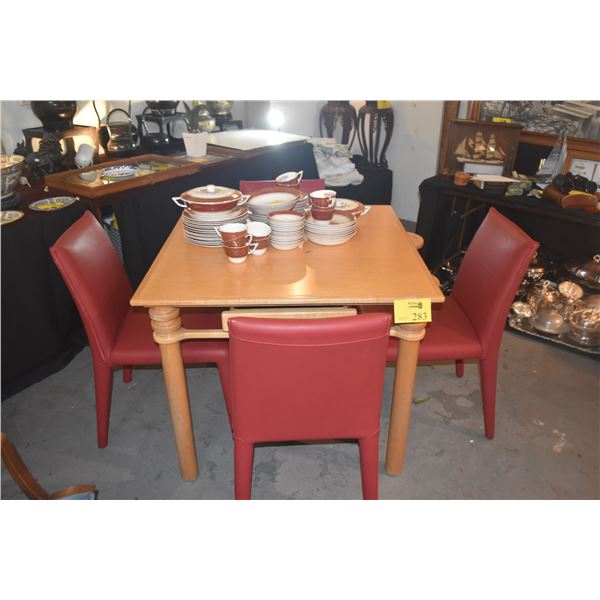 GERHARD OSTERBERGE FINE WOODWORKING GAME TABLE, 2012 W/4 RED LEATHER SIDE CHAIRS (5 PCS)