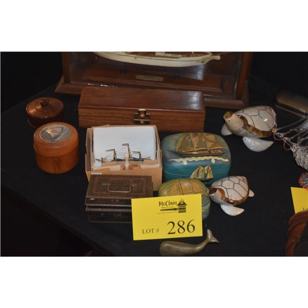 MIXED LOT: COLLECTION OF BOXES, TURTLE SCULPTURES, MINI SHIP MODEL, MINIATURE SHIPS INSTRUMENTS & WH