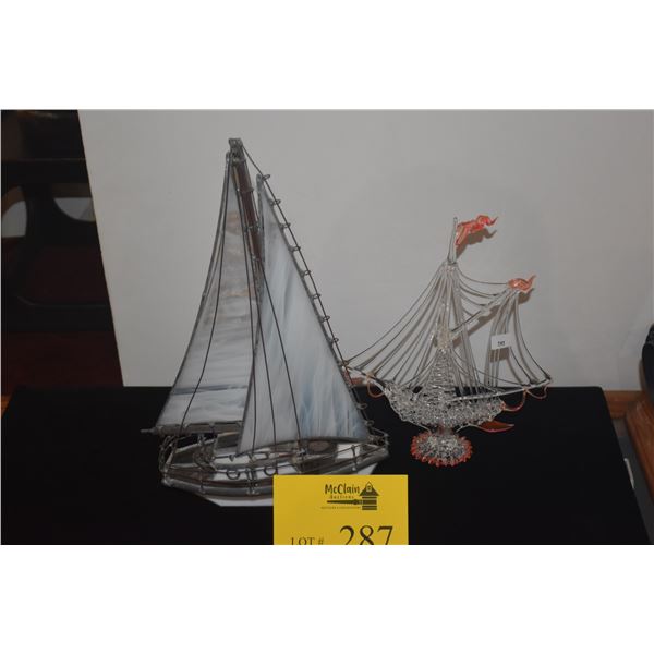 VINTAGE NAUTICAL STAINED GLASS & METAL SAILBOAT & SPUN GLASS SAILING SHIP (2 PCS)