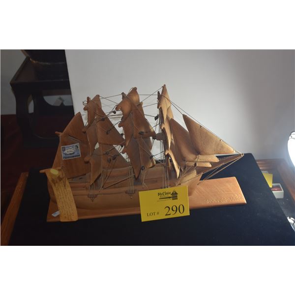3 MAST CARVED WOODEN SHIP; SIGNED JOHN CHRISTIAN, LEADER OF THE MUTINY OF THE BOUNTY