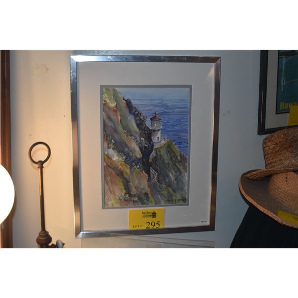FRAMED ORIGINAL WATERCOLOR PAINTING OF MAKAPU'U POINT LIGHTHOUSE; SIGNED ADAMS (DWAYNE) 2020 (17" X 