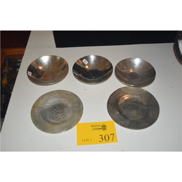 5 1/4" & 6" VINTAGE ETCHED BOWLS & PLATE, SILVER ON COPPER, MANUFACTURED FOR GROSSMAN MOODY LTD. & D