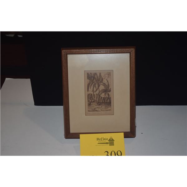 KOA FRAMED ETCHING PRINT, "KAILUA BEACH"; SIGNED HASENYAGER (SHIRLEY) (7 1/4" X 9") (DOES NOT INCLUD