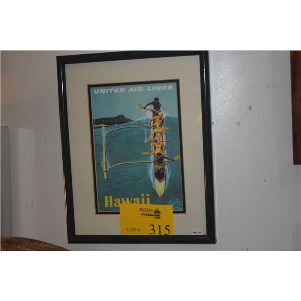 FRAMED VINTAGE UNITED AIR LINES HAWAII TRAVEL PRINT (12" X 15")