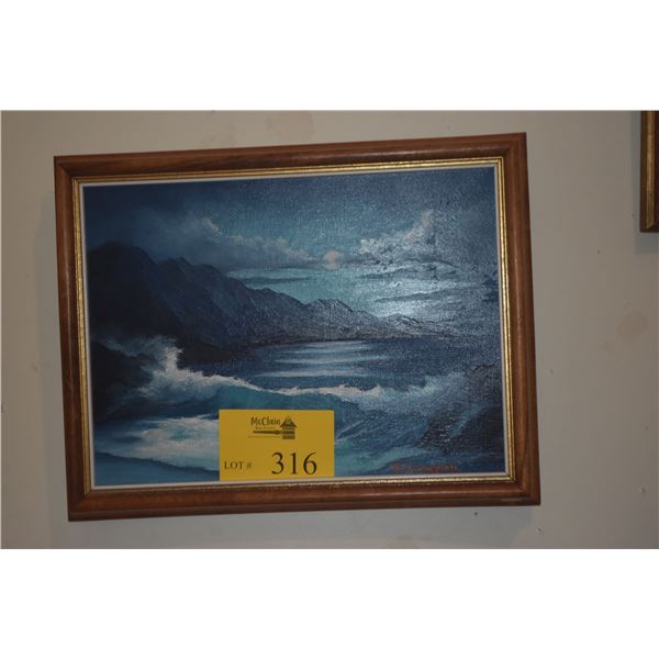 FRAMED OIL PAINTING, MOONLIGHT OVER KAAAWA COAST; SIGNED S. CUNNINGHAM (SHIRLEY) (18" X 13 1/2")