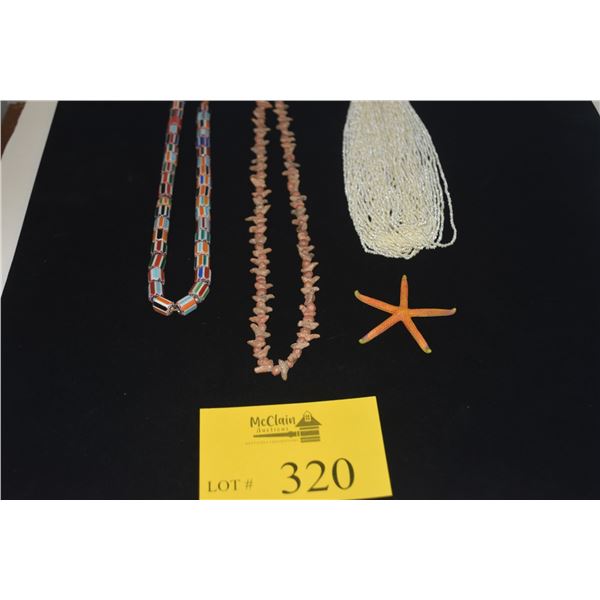 MIXED LOT: SEED PEARL & STARFISH NECKLACE, CHEVRON GLASS TUBE BEAD NECKLACE & PERUVIAN CERAMIC NECKL