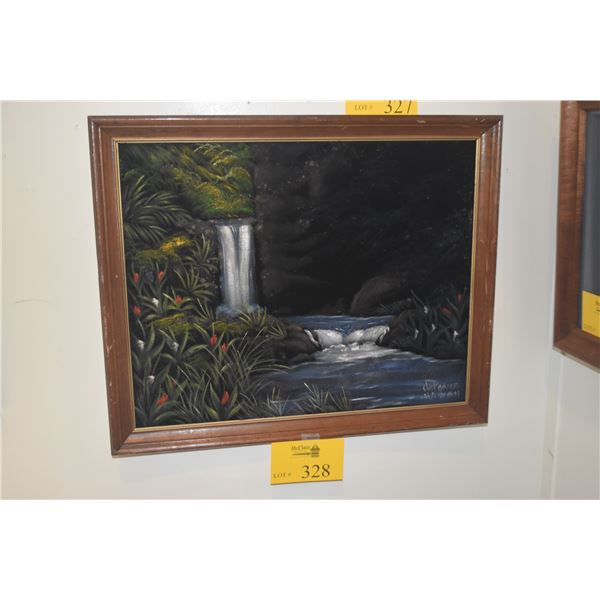 FRAMED VELVET PAINTING, SEVEN SACRED POOLS OF MAUI; SIGNED DEPONCE (JOHN) (22" X 18")