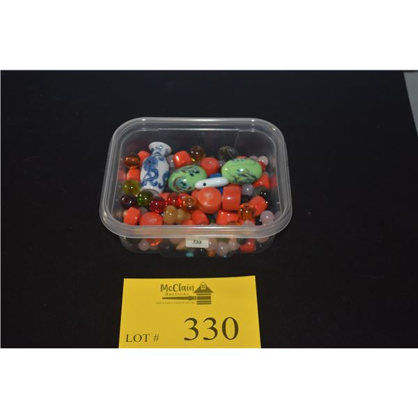 LOT OF MIXED BEADS: CORAL, ROSE QUARTZ, PORCELAIN, GLASS, ETC.