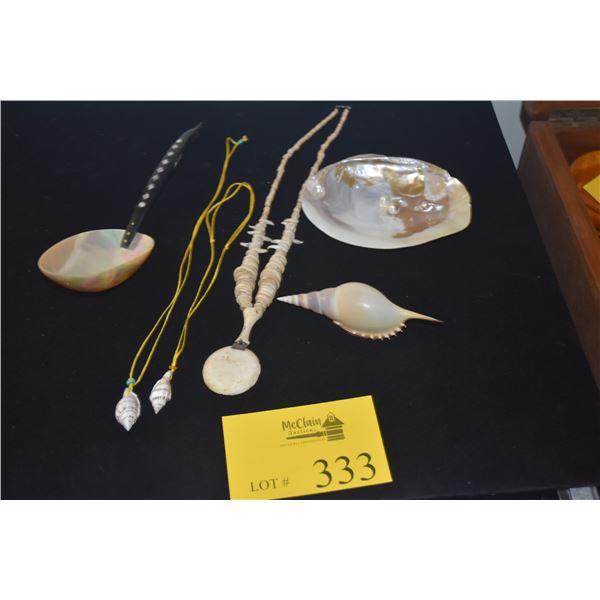 COLLECTION OF SHELL & MOTHER OF PEARL SERVING SPOON, NECKLACES & NATURAL SHELLS (6 PCS)