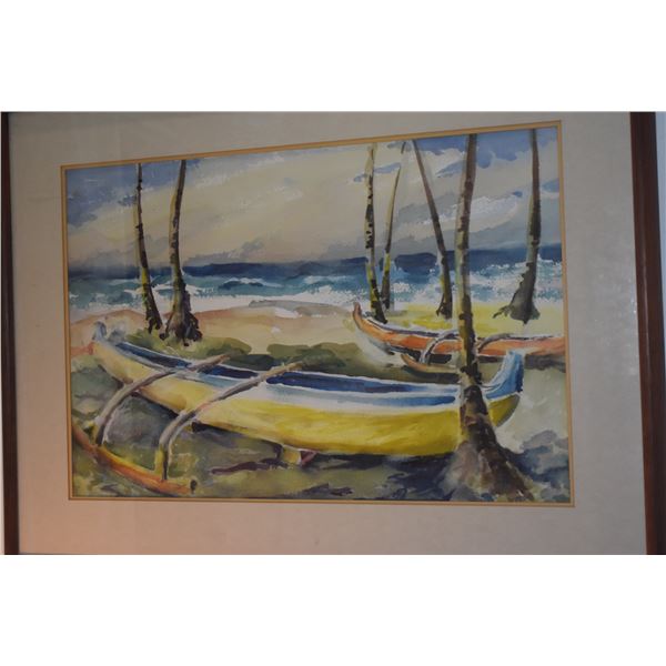 KOA FRAMED WATERCOLOR, TROPICAL BEACH SCENE W/OUTRIGGER CANOES (28 1/4" X 21 1/4")