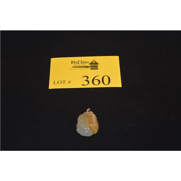 CHINESE 2-TONE YELLOW JADEITE PENDANT W/14K BAIL, "BUDDHIST & COIN MOTIF" (1 3/6")