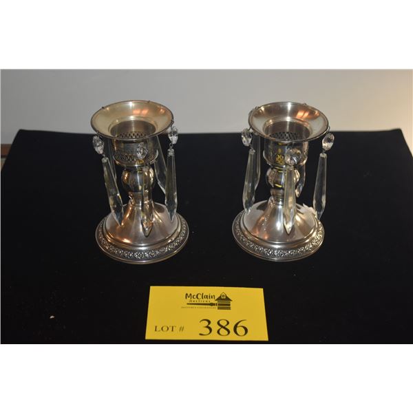 F.B. ROGERS STERLING SILVER CANDLE HOLDERS W/VINTAGE STERLING BOBECHE W/HANGING FACETED CRYSTAL PRIS