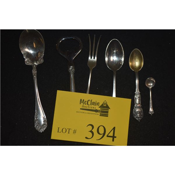 ASSORTED STERLING SILVER SPOONS, LEMON FORK & GRAND BAROQUE STERLING HANDLED BOTTLE OPENER (6 PCS)