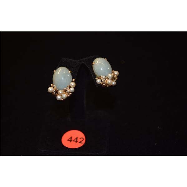 14K PALE GRAY-GREEN JADEITE JADE CABOCHON & SEED PEARL EARRINGS, UNMARKED MING'S  (12.7 GTW)