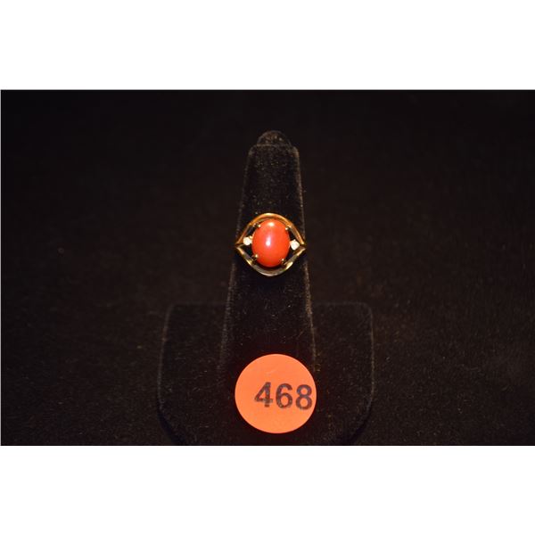 14K RED CORAL CABOCHON & MELEE DIAMOND RING (3.8 GTW)