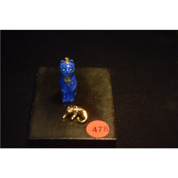 14K CAT PENDANT W/MELEE DIAMOND COLLAR (1.7 GTW) & LAPIS CAT PENDANT W/14 MOUNTING (2 PCS)