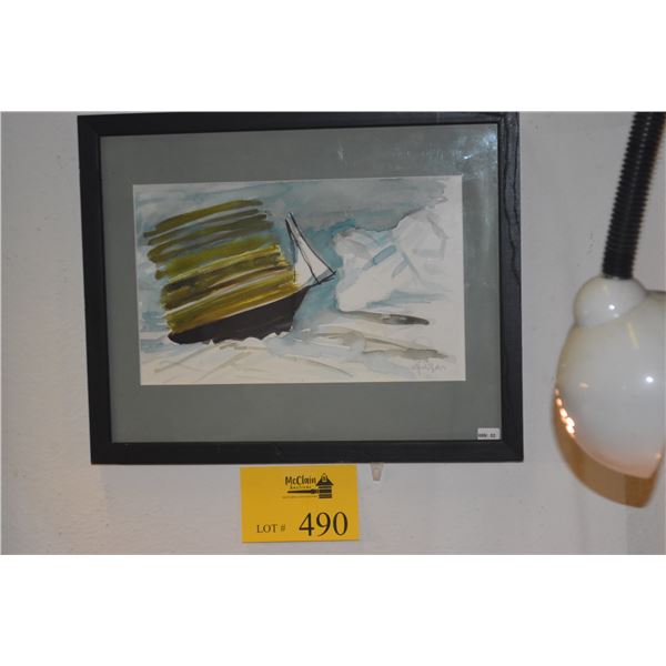 FRAMED WATERCOLOR-MIXED MEDIA, LAWN BOAT SERIES BY DOROTHY RIES FAISON (15" X 12")