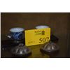 Image 1 : PAIR CHINESE BLUE & WHITE TEA OR WINE CUPS W/LOTUS SAUCERS; SIGNED (PAIR) (DOES NOT INCLUDE STAND)