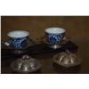 Image 2 : PAIR CHINESE BLUE & WHITE TEA OR WINE CUPS W/LOTUS SAUCERS; SIGNED (PAIR) (DOES NOT INCLUDE STAND)