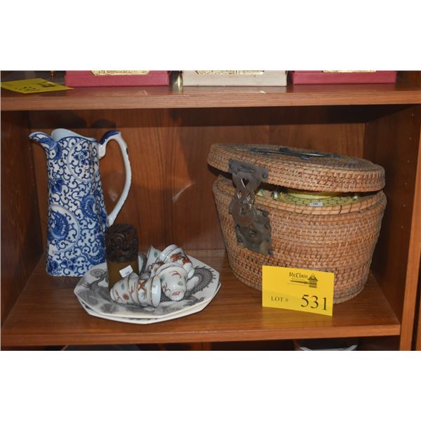 MIXED LOT: SAKE CUPS, DRAGON PLATES, HAPPINESS CHOP, BLUE & WHITE PITCHER & BASKET W/TEAPOT & CUPS (