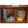 Image 1 : MIXED LOT: SAKE CUPS, DRAGON PLATES, HAPPINESS CHOP, BLUE & WHITE PITCHER & BASKET W/TEAPOT & CUPS (