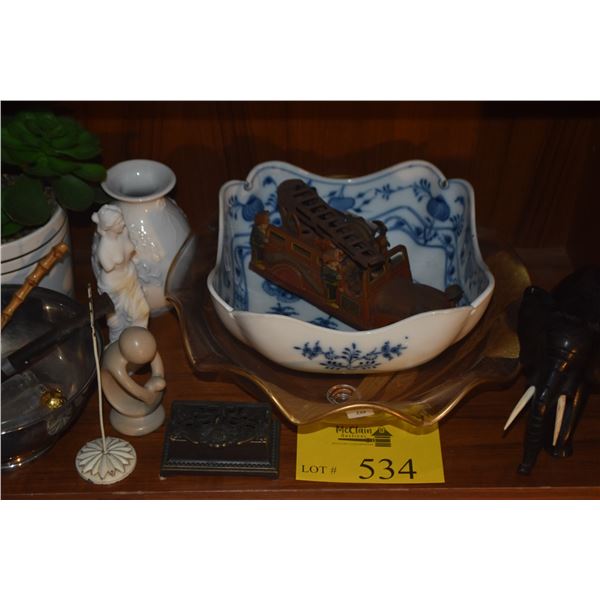 MIXED LOT: BOWLS, FAUX PLANT, BISQUE FIGURE, PIPES, STATUARY, TOY FIRE TRUCK, ETC. (17 PCS)