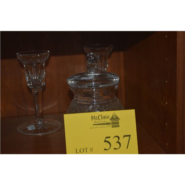 WATERFORD CRYSTAL CANDLE STICKS & WATERFORD CRYSTAL COVERED JAM JAR (3 PCS)