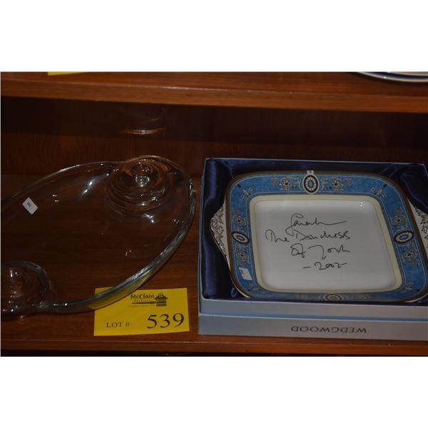 VINTAGE CLEAR GLASS CENTERPIECE BOWL FEATURING INTEGRATED CANDLE HOLDERS & WEDGWOOD BONE CHINA CAKE 