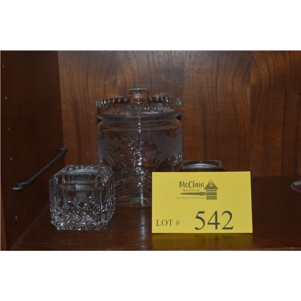WATERFORD CRYSTAL CANDLE STICK HOLDERS & ROYAL BRIERLY CUT CRYSTAL BISCUIT JAR (3 PCS)
