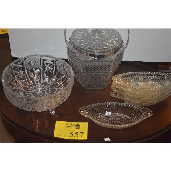 WEXFORD ANCHOR HOCKING ICE BUCKET, CUT GLASS BOWL & JEANETTE ICE CREAM DISHES (7 PCS)