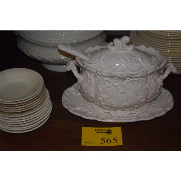 WEDGWOOD "WELLESLEY" PATTERN IVORY CHINA PLATES, BOWLS, CUPS/SAUCERS & CERAMIC SOUP TUREENS (64 PCS)