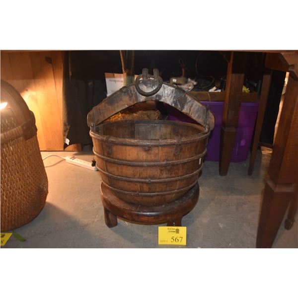 19TH C CHINESE WELL BUCKET (OR RICE/WATER BUCKET) W/IRON STRAPS & YOKE STYLE HANDLE, SET ON TRIPOD S