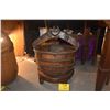 Image 1 : 19TH C CHINESE WELL BUCKET (OR RICE/WATER BUCKET) W/IRON STRAPS & YOKE STYLE HANDLE, SET ON TRIPOD S