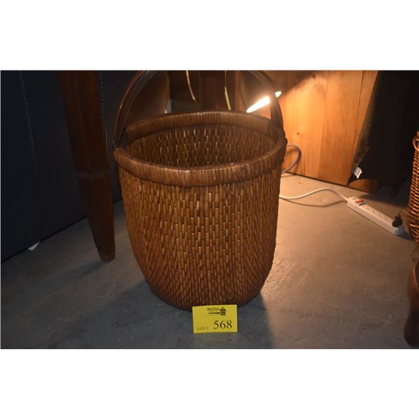 VINTAGE CHINESE WOVEN BASKET W/BEND WOOD HANDLE