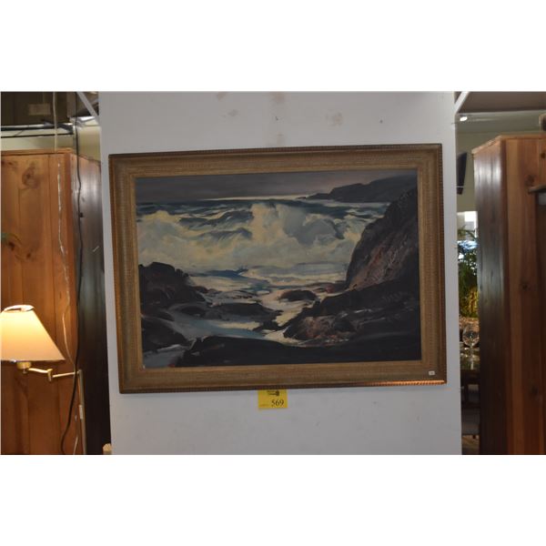 GILT FRAMED VINTAGE COSTAL SEASCAPE OIL PAINTING ON CANVAS BY CALIFORNIA ARTIST PAUL LAURITZ (1889-1