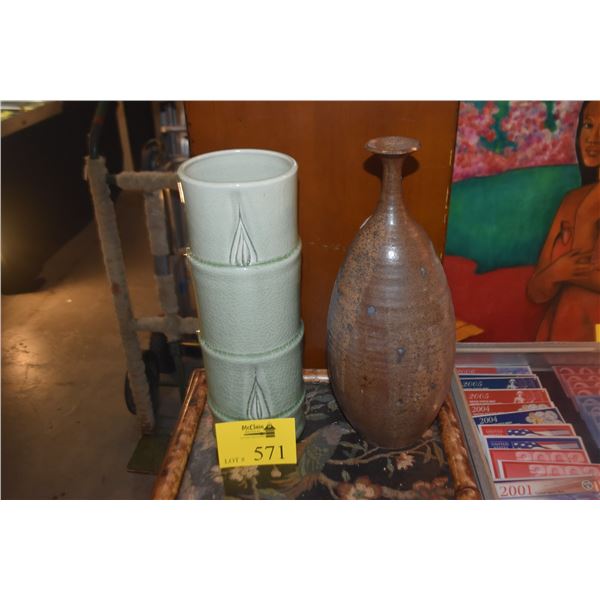 15" CYLINDRICAL CELEDON-GLAZED VASE & 16" VINTAGE STONEWARE OVOID BOTTLE VASE W/EARTH TONE SPECKLED 
