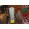 Image 1 : 15" CYLINDRICAL CELEDON-GLAZED VASE & 16" VINTAGE STONEWARE OVOID BOTTLE VASE W/EARTH TONE SPECKLED 