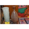 Image 2 : 15" CYLINDRICAL CELEDON-GLAZED VASE & 16" VINTAGE STONEWARE OVOID BOTTLE VASE W/EARTH TONE SPECKLED 
