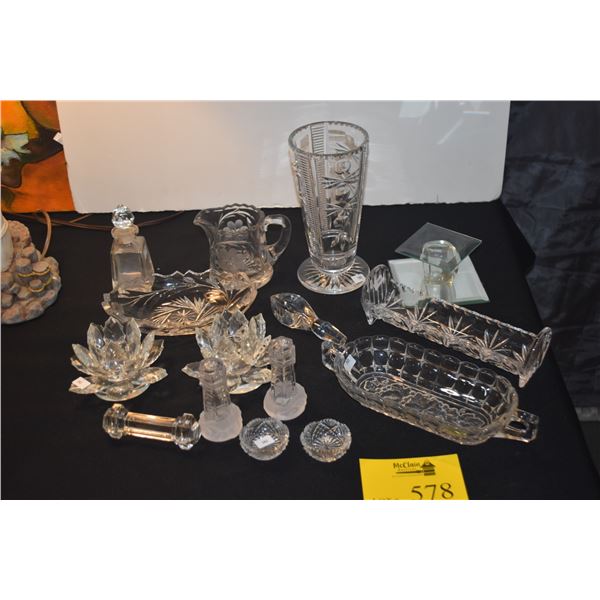 COLLECTION OF PRESSED GLASS DISES, SALT & PEPPERS', KNIFE REST, SALT DISHES, CANDLE HOLDER, CRACKER 