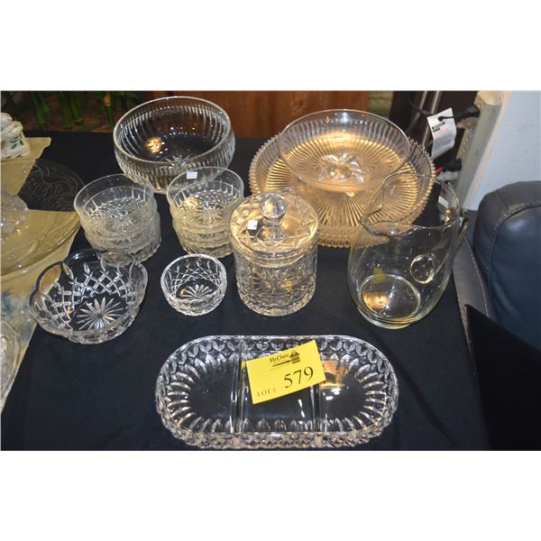 COLLECTION OF CRYSTAL & GLASS TRAYS, BOWLS, COVERED JAR & PITCHER (15 PCS)