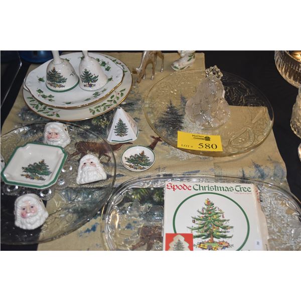 COLLECTION OF ASSORTED CHRISTMAS PLATES, NAPKIN RINGS, PLATTERS, DINNER BELLS, ASHTRAY & PILLOW CASE