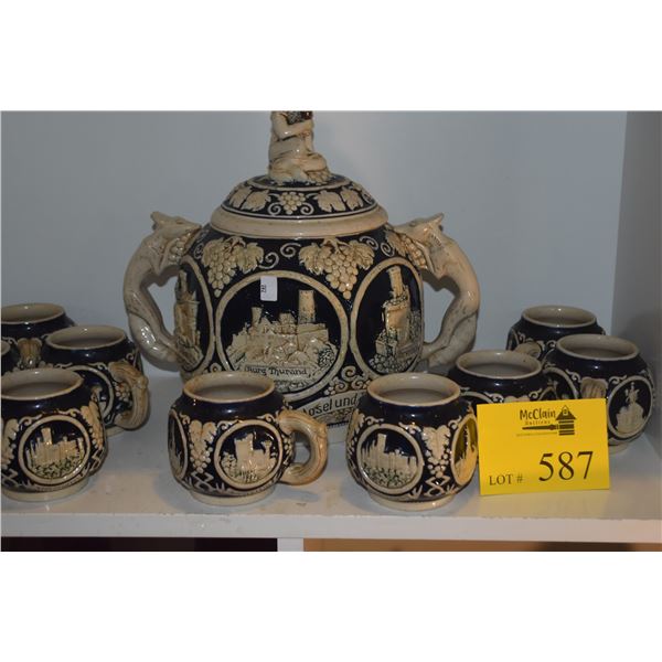 VINTAGE GERMAN STONEWARE PUNCH BOWL & MUG SET (10 PCS)