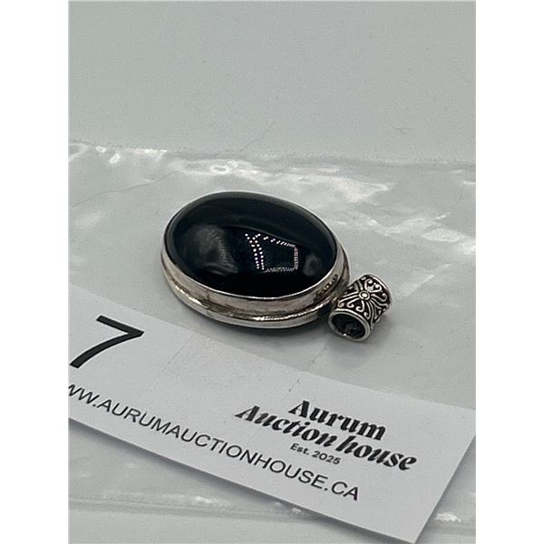 Marked 925 Sterling Siver Pendant with Large Black Onyx Stone 1,5' Long in Total