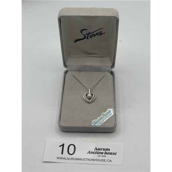 Sterling Silver Marked 925 Necklace and Pendant with Glacier Pearle in Original Box