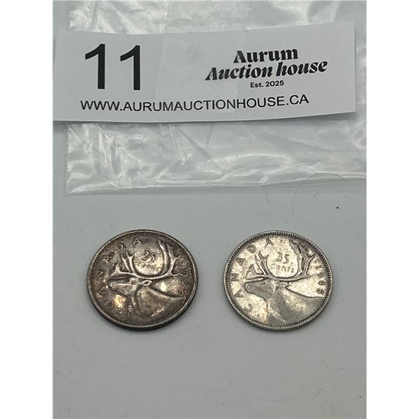 1948 7 62 Canadian Silver 25 Cent Coins Quarters