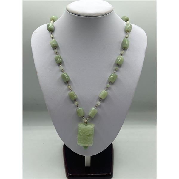 Vintage Hand  Carved Jade Necklace with Large Pendant 25" Long