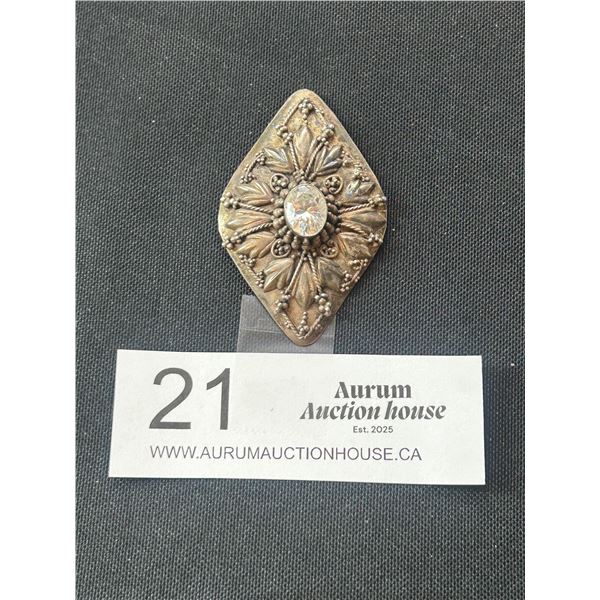 Antique Navette-Shaped Metal Pendant w/Stone Great Detail 2' Tall